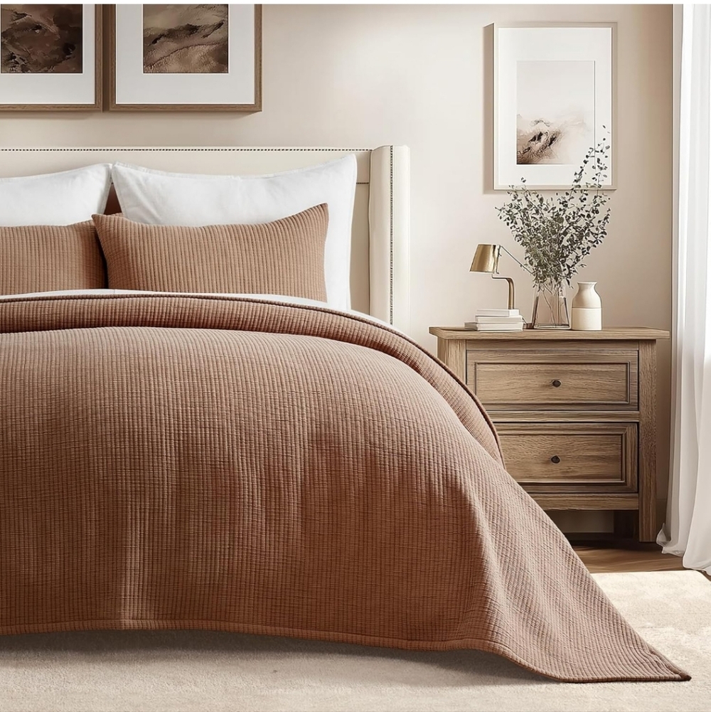 EVERGRACEHOME Cotton Gauze King Bedspread Soft Prewashed Pick Stitch Terracotta